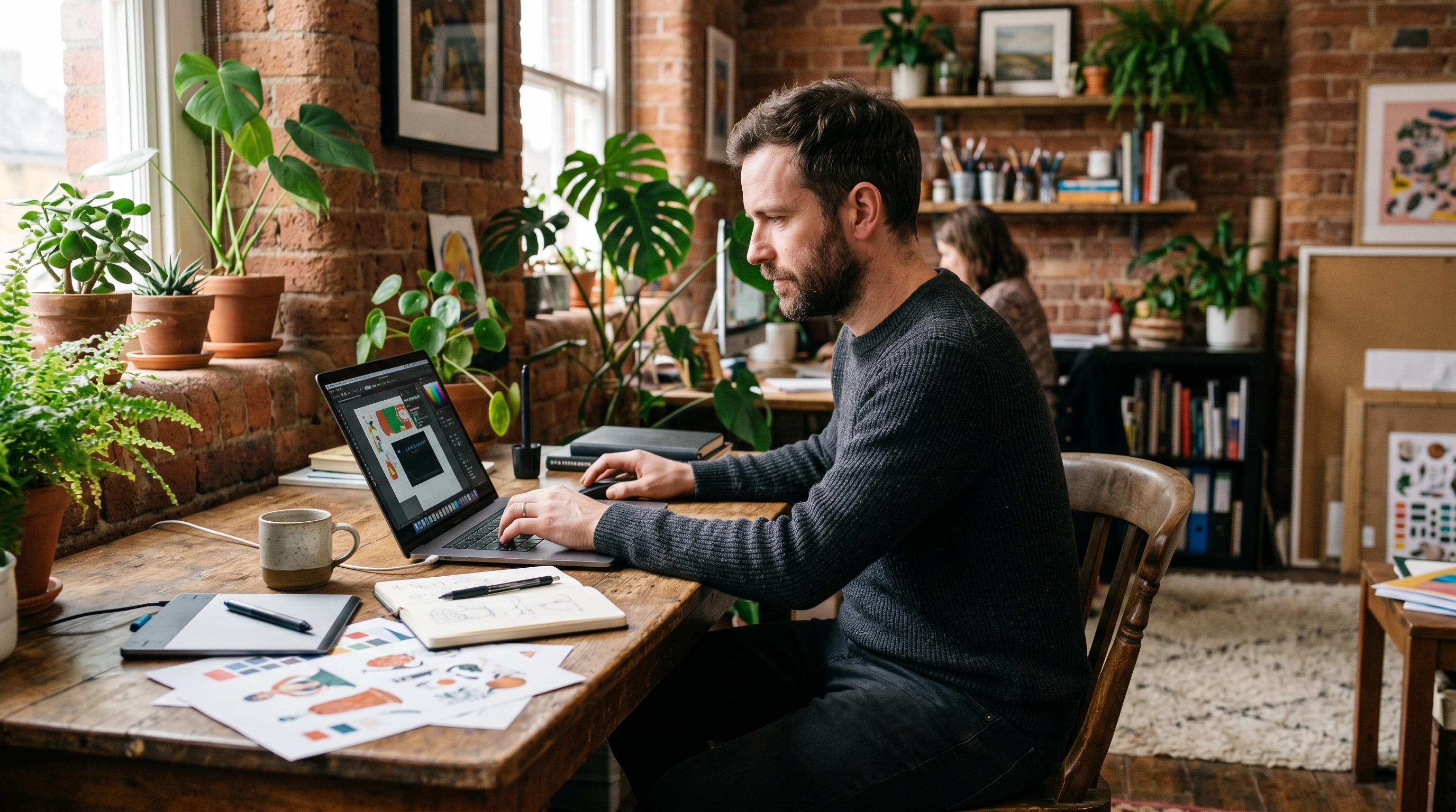 Uomo al lavoro come designer in un piccolo studio creativo